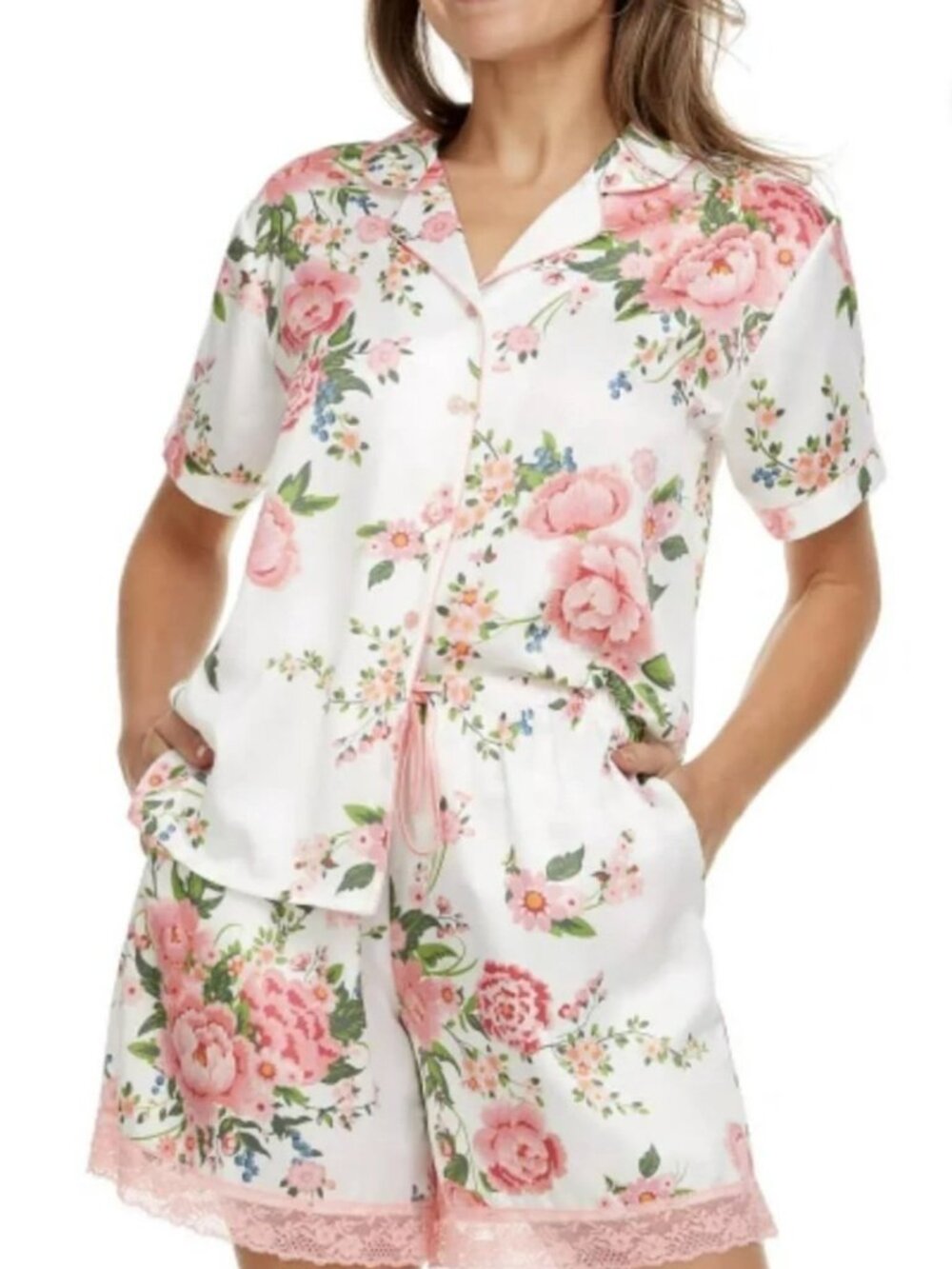 Women's 2 Piece Relaxed Fit Soft Satin Notch Collar Ivory Floral Pajama Set
